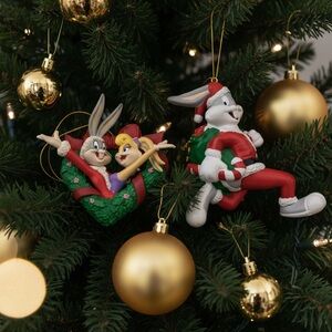 Lot of 2 Looney Tunes Bugs Bunny Themed Plastic Christmas Ornaments.